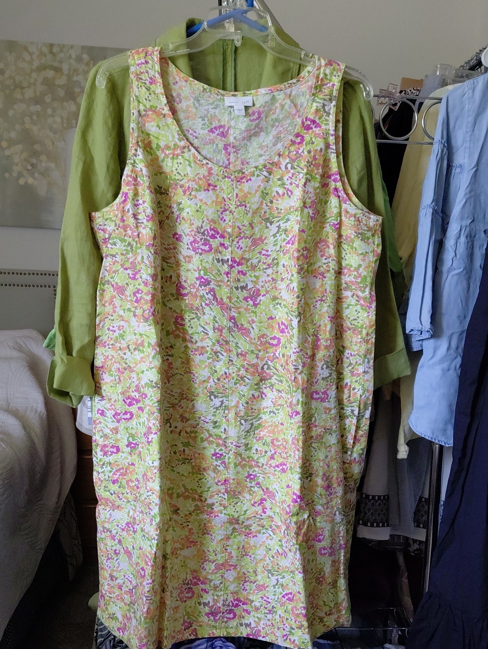 J. Jill Linen Floral Sleeveless Shift Dress in Lime Green & Pink L